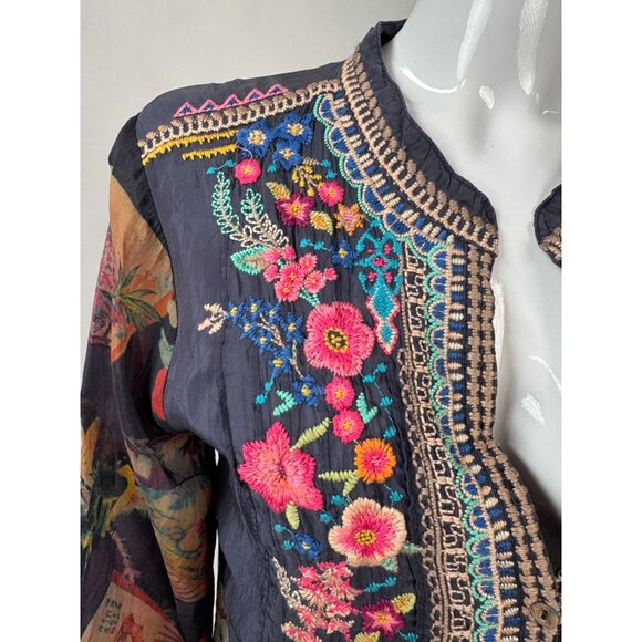 Johnny Was Embroidered Floral Tunic Top With 3/4 Sleeves & Mandarin Collar In Sh - Picture 3 of 16